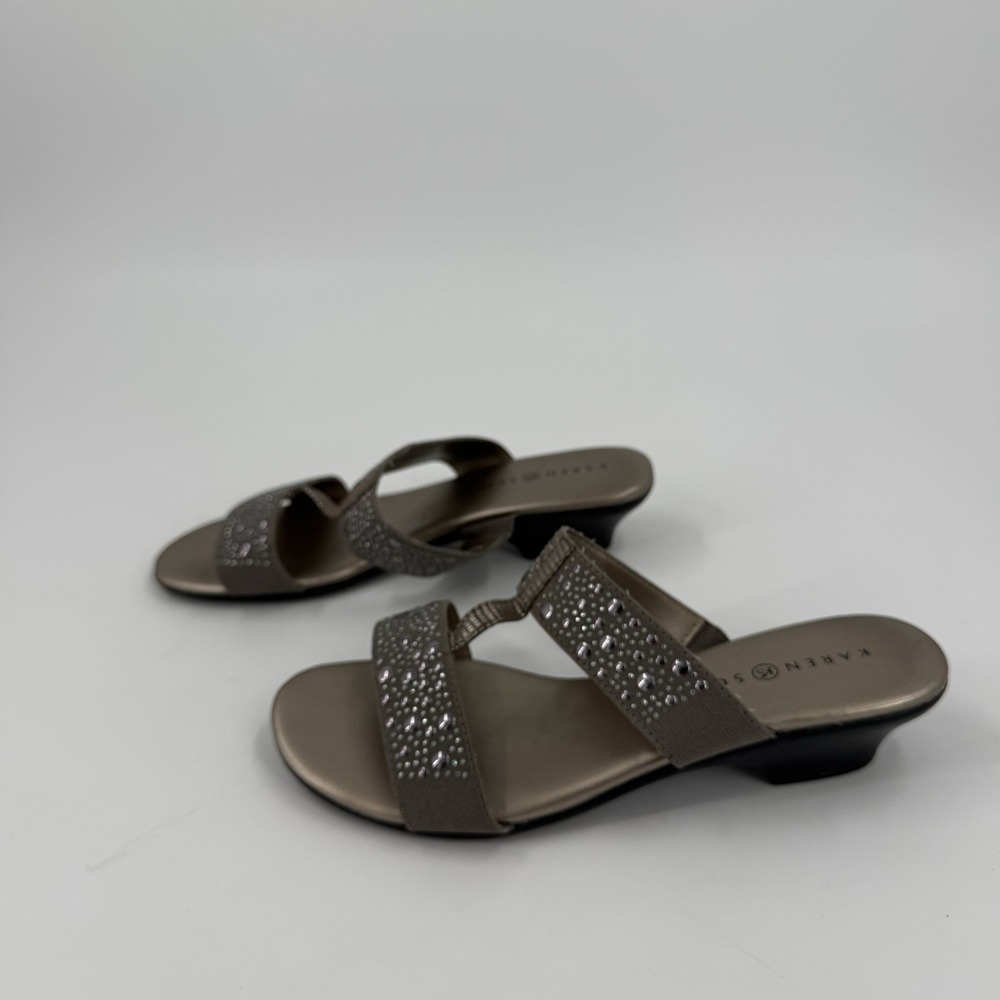 Karen Scott Women's 6.5M Taupe Rhinestone Embellished Low Heel Slide Sandals